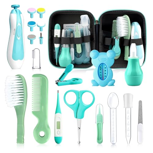 Image of Baby Healthcare and Grooming Kit, 20 in 1 Portable Baby Safety Care Set with Hair Brush Comb Nasal Aspirator Electric Nail Trimmer Set Baby Essentials kit for Newborn Boys Girls (Green 20 in 1)