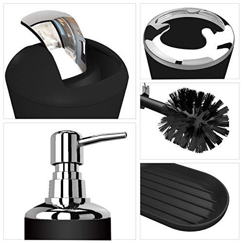TEKITSFUN Bathroom Accessories Set 6 Pieces Plastic Bathroom Accessories Toothbrush Holder, Rinse Cup, Soap Dish, Hand Sanitizer Bottle, Waste Bin, Toilet Brush with Holder (Black)