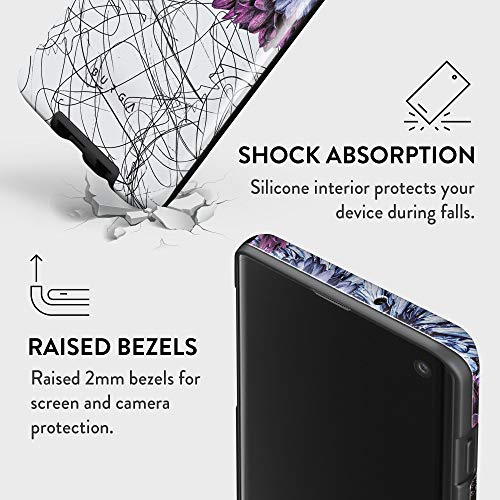 Burga Phone Case Compatible With Samsung Galaxy S10 Plus - Hybrid 2-Layer Hard Shell + Silicone Protective Case -Dazzling Purple Dahlia Floral Print Pattern Doodle - Scratch-Resistant Shockproof Cover #TOP4