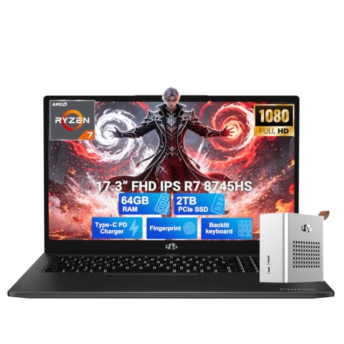 Image of NIMO 17.3 inch Light Gaming Laptop, AMD Ryzen 7 8745HS 64GB DDR5 2TB SSD Radeon 780M, Backlit KB FHD IPS w /eGPU Dock with RX 7600M XT 8GB GDDR6 for AI Tasks, Video Editing, Remote Streaming, 2-Yr Warranty
