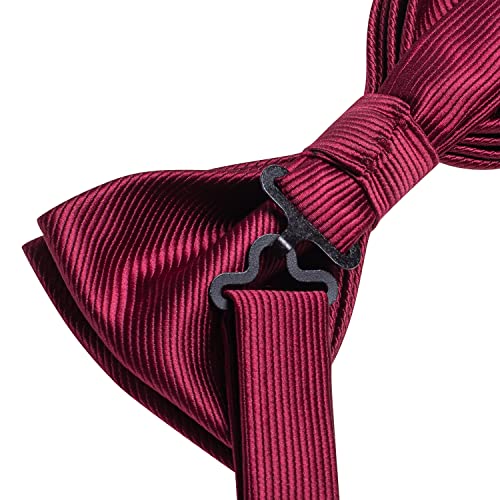 Image of Hi-Tie Burgundy Men Bowtie Pre-Tied Pocket Square Lapel Pin Sets Cufflinks Mens Bowtie Sets for Wedding Formal Party
