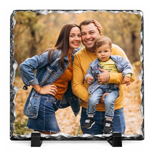 Personalised Photo Rock Slate Custom Picture Frame Gift with Stand Natural Stone Plaque HD Print Square Rectangle Heart Shapes Birthday Anniversary Memorial Wedding Gift (Sqaure Shape)