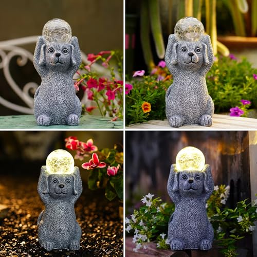 Yeomoo Hund Figuren mit Solarlampen Gartendeko für Draußen - Dog Gartenfiguren mit Solar Ball Geschenke für Frauen Männer Mama Geburtstag Wasserdicht Solar Deko für Garten Balkon Terrassen Zimmer