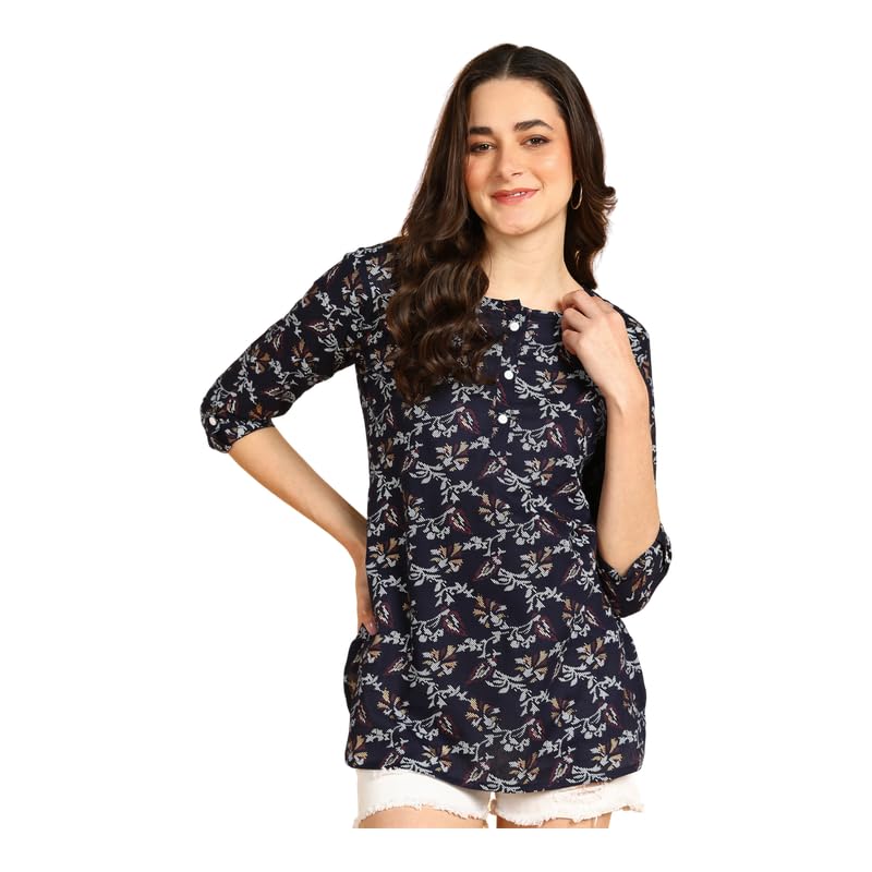 JAIPURFAME Women’s Floral Printed Cotton Top – Stylish Long Top with Mandarin Collar, Perfect for Jeans, Ideal for Casual & Ethnic Wear