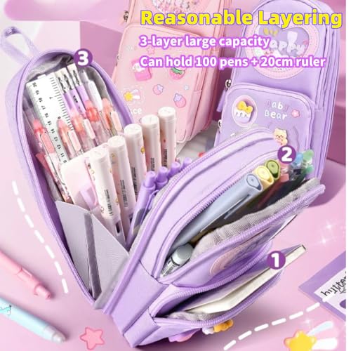 Image of Large Capacity Kawaii Purple Pencil Case - Cute 3-Compartment Stationery Organizer for School Supplies, Office, and Travel | Ideal Gift for Students, Artists, and Art Lovers, Holds 50 Pens or Pencils