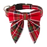 ADOGGYGO Christmas Dog Collar with Bow, Adjustable Cotton Red Green Plaid Bowtie Dog Christmas Collars for Small Medium Large Dogs Pets (Large, Xmas)