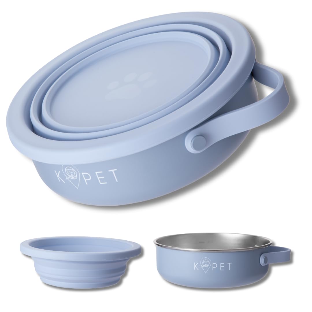 KPET® Comedero y Bebedero Plegable 2 en 1 para Perros y Gatos – Bowl Portátil de 900 ml con Acero Inoxidable + Tazón Silicona, Antideslizante y Fácil de Limpiar – Ideal Coche, Viajes y Senderismo
