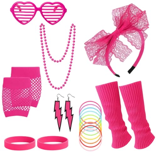 RQcMid 80er Jahre Outfit Damen, 21-teiliges Party-Set in Pink mit Jalousie-Brille, 80er Jahre...