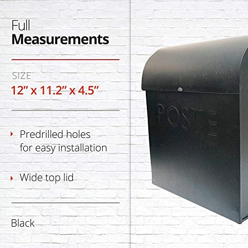 Image of NACH Black Wall Mount Mailbox with Detachable Newspaper Holder, French Euro Black Mailboxes for Outside, Pre-Drilled Holes for Easy Installation, Waterproof & Rust-Resistant, 12 x 11.2 x 4.5 Inches