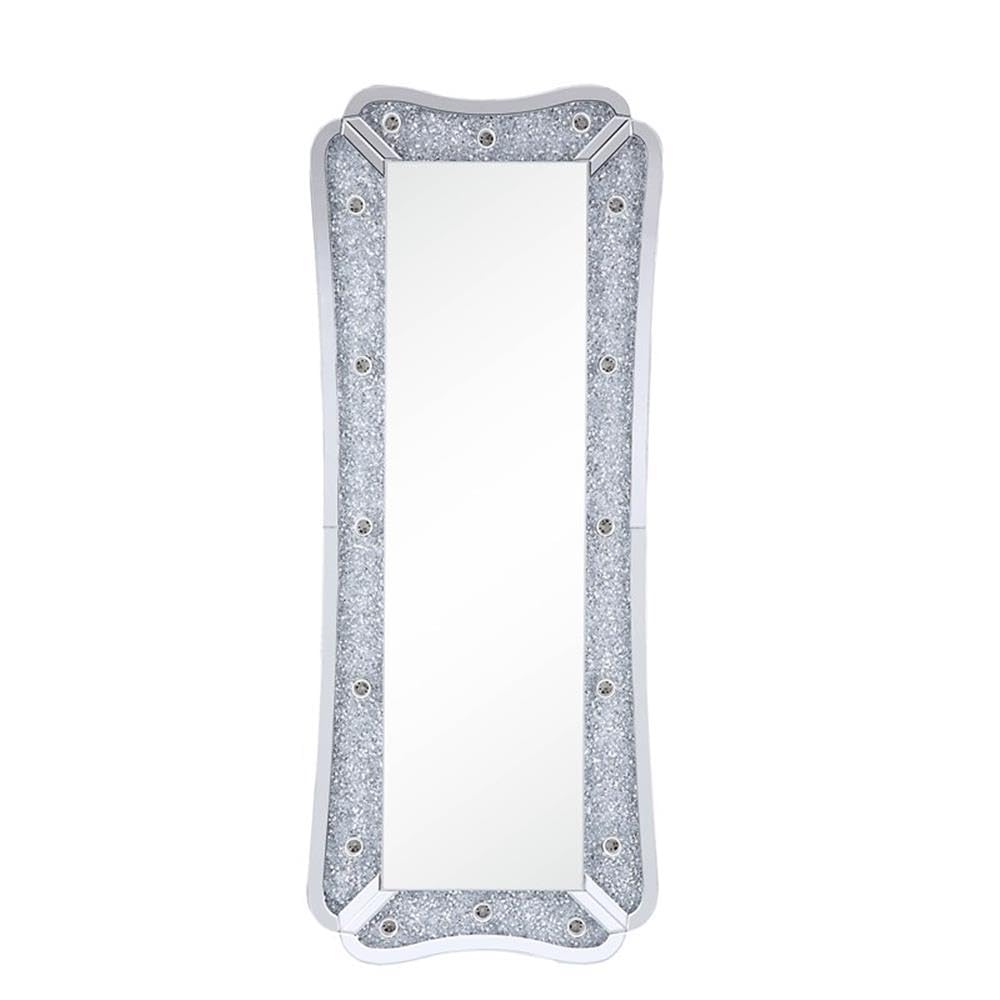 Acme Noralie Glass Floor Mirror with LED Light in Mirrored and Faux Diamonds