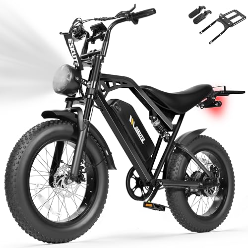 Electric Bike for Adults, 1300W,52V20.8Ah Battery, 20"x4.0 Fat Tire, 32MPH, 7-Speed Dual Suspension, dirt E-Bike, 80 Miles, Streamlined Frame, Moto E-Bike for Youth, Black with Rear Rack + Footrests