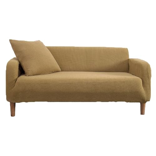 リコメン堂 ソファカバー ストレッチ素材 ニット生地 伸びる 洗える 保護 伸縮 ずれ防止 汚れ防止 おしゃれ 北欧 オールシーズン ソファーカバー 2WAYニットフィットカバー (2人掛け肘掛あり, キャメル)