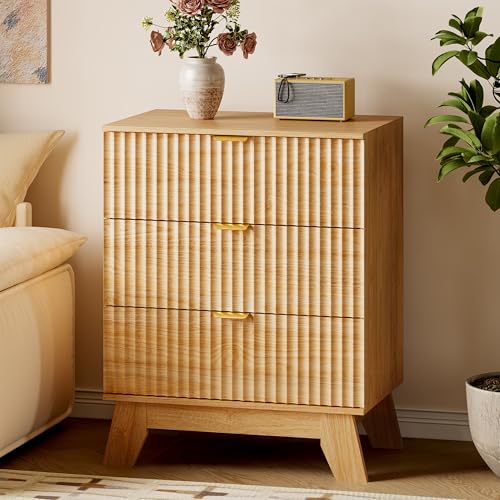 Image of BORNOON Fluted 3 Drawer Dresser, 30.3 inch Tall Compact Modern Boho Chest of Drawers, Wooden Storage Cabinet for Bedroom, Living Room, Entryway, Curved Profile Design