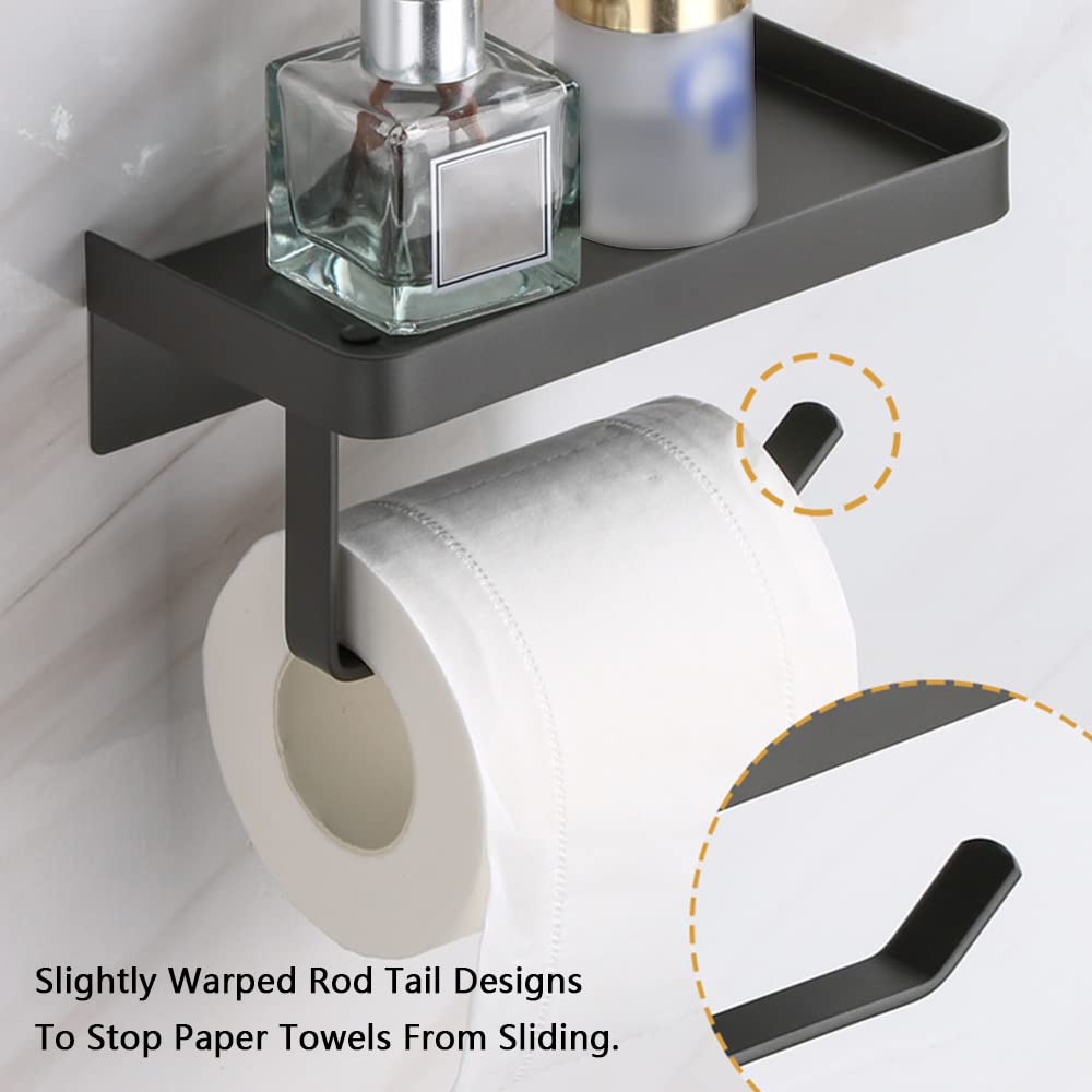 Portarotolo di carta igienica 2 in 1 con mensola, montaggio a parete, in acciaio inox, autoadesivo, per bagno e cucina (nero)