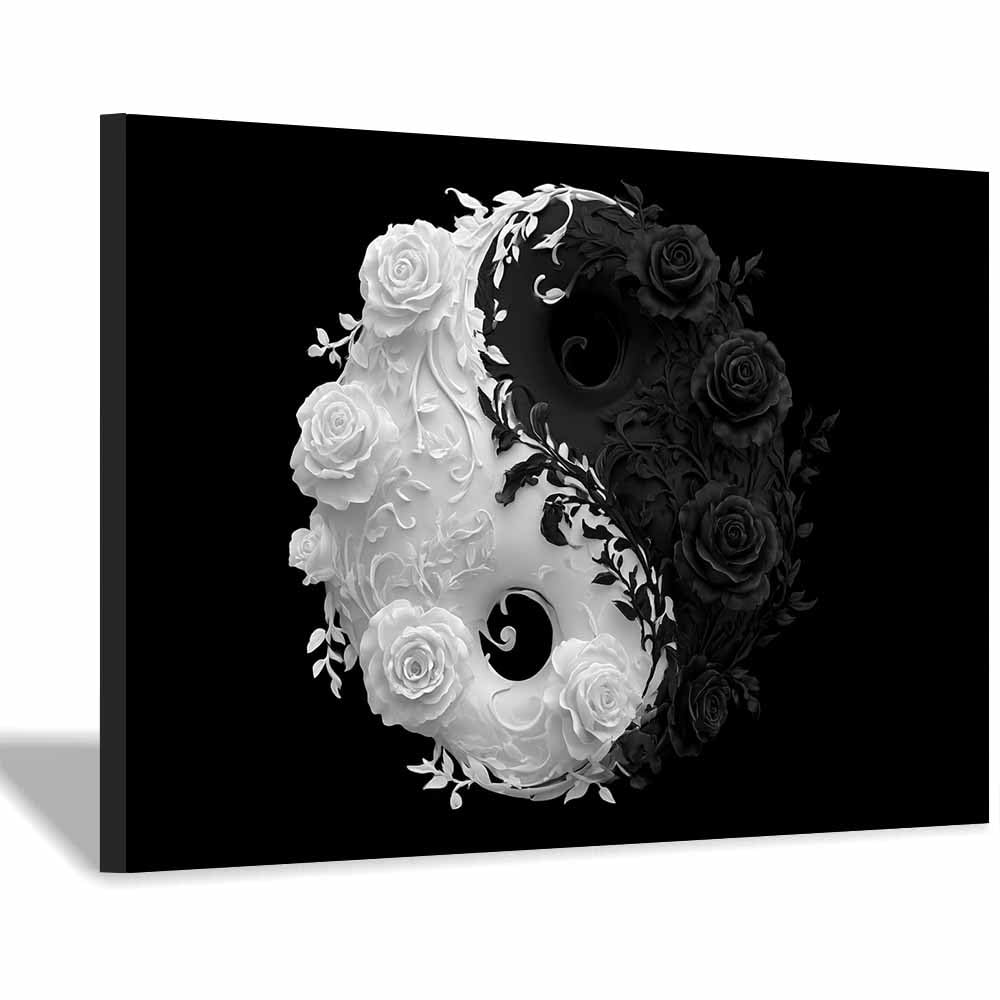 XENIOU Black White Canvas Yin Yang Ros Floral prints for walls, canvas wall art for Living Room Bedroom Bathroom Home Office Wall Decoration(Multicolor)-70x100cm Framed