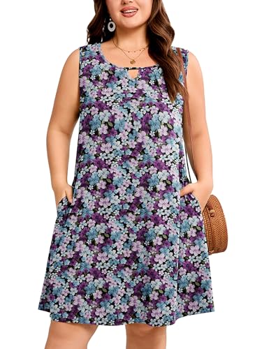 Image of AusLook Plus Size Summer Midi Dress for Women Sleeveless Casual A Line Swing Dress with Pockets Keyhole Neck Beach 1X-5X