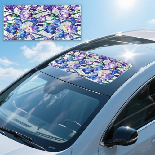 Image of JOONOR Purple Iris Flowers Sunroof Film Floral Rainbow Effect Static Clings Window Privacy Film Sun Protection Stained Glass Decals for Car Moonroof & Side Windows, 17.72 x 35.43 Inch
