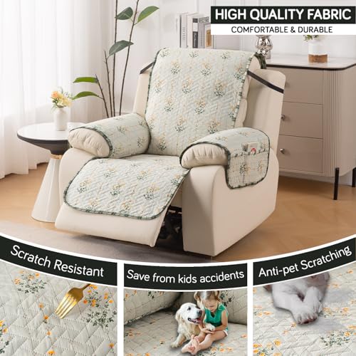 Image of HOKIPO 'HomeHues Series' Quilted Cover for Recliner Sofa 1 Seater with SecureFit Belt & Side Pocket, Light Green Ash Gypsy Flower (IN-828-D5)