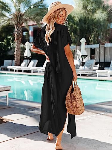 Breezy Lane Long Button Down Beach Cover Up for Women Short Sleeve Swimsuit Coverup Bathing Suit Cover Ups2