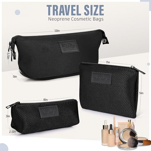 Kat Myhr Neoprene Washable Travel Makeup & Cosmetic Bag Set, 2 Air Mesh Pouches,100% Neoprene Toiletry Bag, Large Water Resistant Travel Bag for Toiletries, Makeup Cosmetic Travel Bag (Jet Black)3