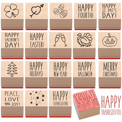18 Pcs All Holiday Wood Stamps Set Wooden Rubber Holiday Stamps f...