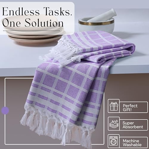 Image of Matrix Dobby Kitchen Towels Set of 12, 100% Cotton, Combo Pack, 16 inchx26 inch, Absorbent Tea Towels with Handmade Tassels, Reusable Cleaning Cloths - Lavender, Sandal Yellow, Aqua Blue