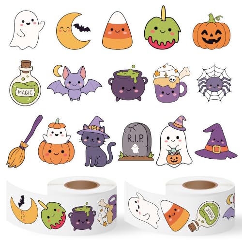 Image of Halloween Cute Sticker Rolls, 1000Pcs Pumpkin Cat Ghost Bat 2 Roll