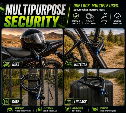 Image of KAIDAA Anti Theft Cable Lock for Cycle, Bike, Scooty & Helmet | 12mm Waterproof Steel Cable Lock with 2 Keys | Heavy Duty Multipurpose Advanced Security Lock [1mtr] (Set of 2)