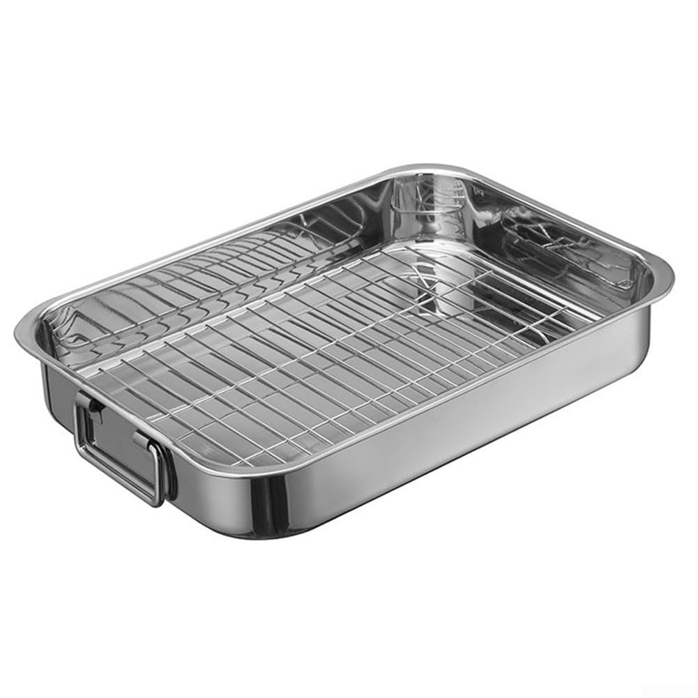 Bandeja de acero inoxidable con estante, para hornear y asar carnes y verduras en el horno (42 x 32 x 6,5 cm)