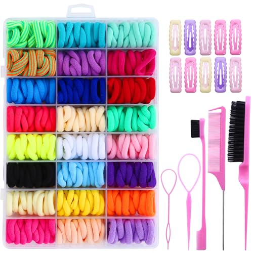 Haarschmuck-Set für Mädchen, 400 elastische Haarbänder, 10 Haarspangen, Styling-Tools, Mehrfarbig
