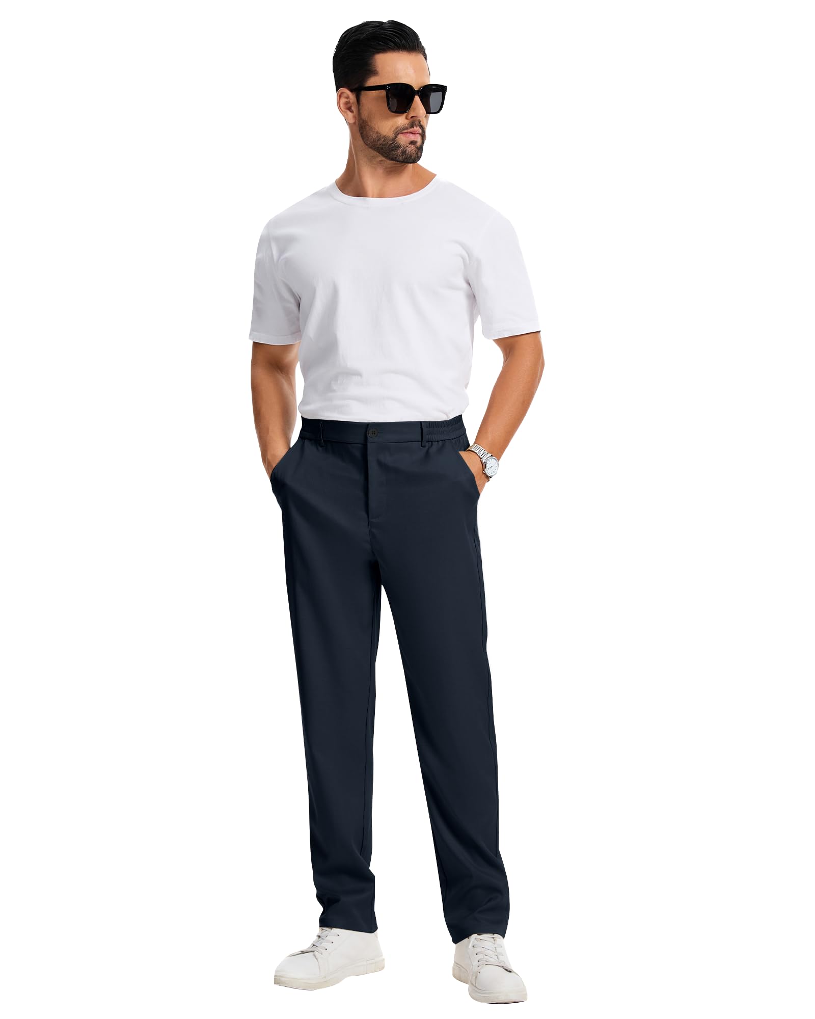 LVCBL Pantalon Chino Stretch pour Homme - Coupe Droite - Couleur Unie - avec élastique à la Taille