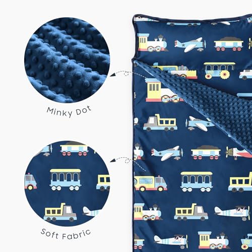 Image of Wake In Cloud - Toddler Nap Mat with Pillow and Minky Fleece Blanket, for Kids Boys Ages 3 Plus in Daycare Preschool Kindergarten, Roll Up Sleeping Bag, Planes Trains Trucks