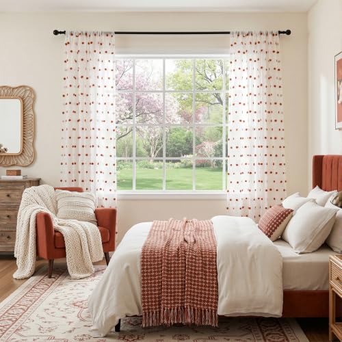 Image of MYSKY HOME Brick Red Pom Pom Boho Curains for Bedroom 72 Inches 2 Pieces | for Girls Room Baby Nursery, for Closet Doorway, Light Filtering, Rod Pocket, Semi Sheer White Window Drapes, 50 x 72 inch