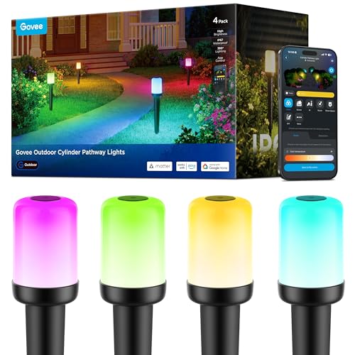 Image of Govee Outdoor Cylinder Pathway Lights, 4 Pack, 425 lumens, IP67 Waterproof | 60+ Preset Scene Modes, Outdoor Decor for Path, Patio, Garden, Lawn, Compatible with Alexa, Google Assistant, Matter