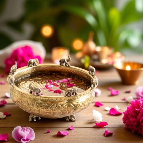 Image of INDIAN ART VILLA Brass Embossed Urli with Elephant Statues, Traditional Decorative Pooja Bowl, Home Decor Centerpiece, Ideal for Festivals, Weddings, Gifting, and Cultural Celebrations, 10 Inches