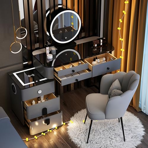 Escritorio de maquillaje con cajones, altavoz Bluetooth, estación de carga inalámbrica y luces LED, tocador de lujo para accesorios de maquillaje
