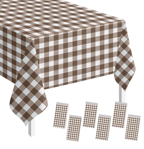 Image of SietDESEO 6 Pack Dark Brown Gingham Tablecloth Rectangle 54 x 108 Brown and White Checkered Table Cloth Disposable Plaid Table Cover Plastic for Birthday Baby Shower Picnic Wedding Party Supplies