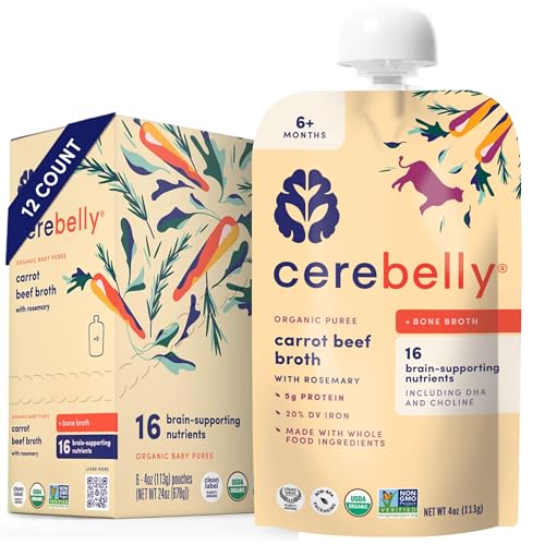Image of Cerebelly Organic Baby Food Pouches, Carrot Beef Bone Broth Purees, 16 Nutrients, Protein & Healthy Fats, 4oz, 12 Pack