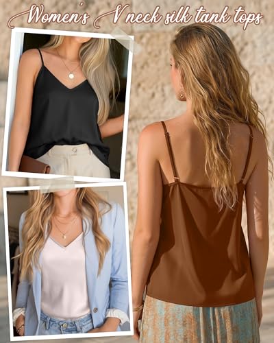 Image of 3 Pack Women's Silk Satin Camisoles V Neck Tank Tops | 95% Polyester, 5% Spandex, Adjustable Spaghetti Strap, Loose Blouse, Daily Wear, Sleeveless, Classic V Neck