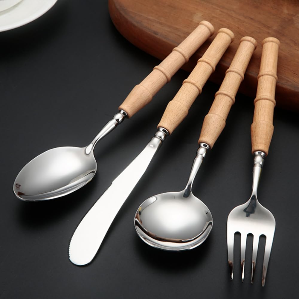 Vajilla de Cocina de Madera de Acero Inoxidable con Cubiertos, Incluye Cuchara, Cuchillo y Tenedor, Pulido Espejo (Color Claro, 16 Piezas)