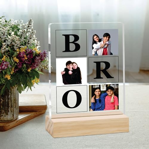 Image of Giftplease Customized Photo And Text Frame With Wooden Stand | Personalised Printed Photo Frame | Gift For Brother | Birthday | (Transparent, 5MM, 6 * 8 Inches), Tabletop BG 02