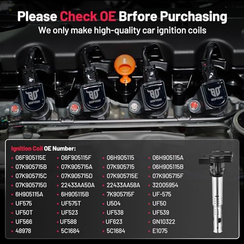 Image of BDFHYK Ignition Coil Pack UF575 Compatible with Audi A3 A4 Allroad A5 A6 Quattro Q3 Q5 TT Volkswagen Tiguan VW Jetta Rabbit Beetle Passat Golf GTI Eos CC Audi Oem Coil Pack 1.6L 2.0L 2.5L Set of 4