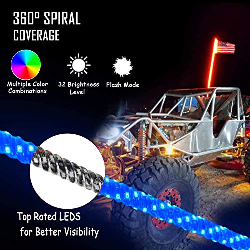 omotor 4FT(1.2M) Bluetooth Control 360° Spiral LED Whip Light w/Flag [21 Modes] [20 Colors] [Weatherproof] Lighted Antenna Whips - Accessories for ATV Polaris RZR 4 Wheeler - Thumbnail 4