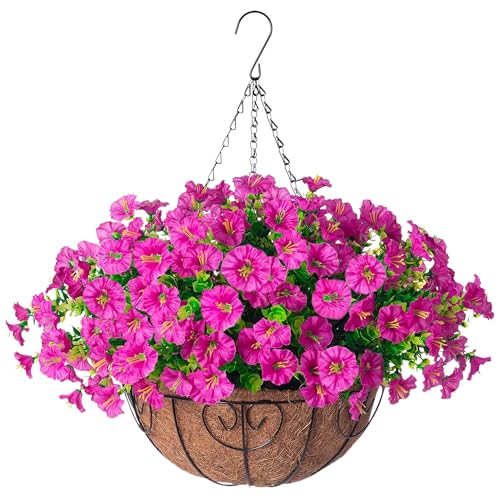 Ivydale Artificial Silk Hanging Plants Flowers Basket for Outdoor Outside Summer Decoration, Fake Faux UV Sun Resistant Look Real Morning Glory Fuchsia for Porch Patio Balcony Home