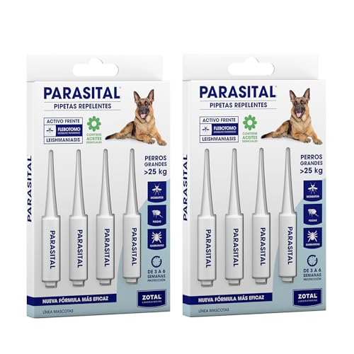 Zotal Parasital Pipetas para Perros Grandes - Pack 2 Blíster de 4 Pipetas (8 en Total) - Protección Pulgas, Garrapatas y Mosquitos - 3 a 6 Semanas por Pipeta - Repelente Natural - Fácil Aplicación-