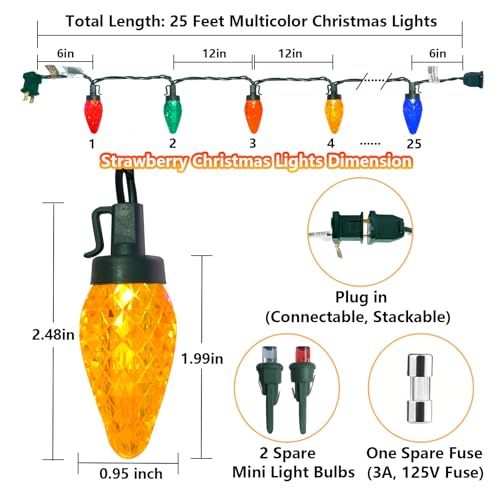 Fonusty C9 LED Christmas Lights Outdoor, 25Ft Strawberry String Light 25 LED Multicolor Christmas Lights, Plug in Vintage Christmas Light for Garden Camping Party Xmas Tree Wedding Christmas Decor - Image 3