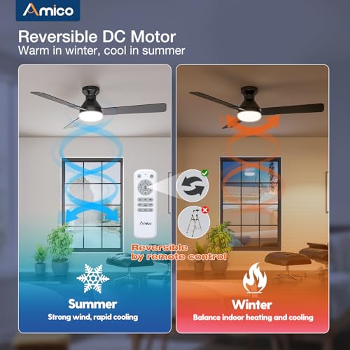 Image of Amico Ceiling Fans with Lights, 52 inch Low Profile Ceiling fan with Light and Remote Control, Flush Mount, Reversible, 3CCT, Dimmable, Noiseless, Black Ceiling Fan for Bedroom, Indoor /Outdoor Use