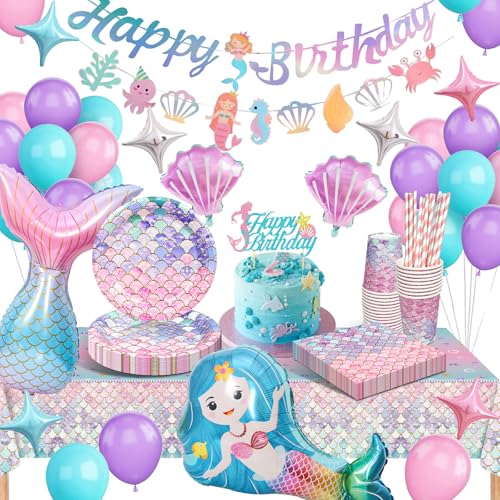yosiio Meerjungfrau Partygeschirr Set Geburtstag Deko Geburtstag Party Geschirr Pappteller Kindergeburtstag Deko mit Luftballons für Geburtstagsdeko Mädchen (Meerjungfrau)