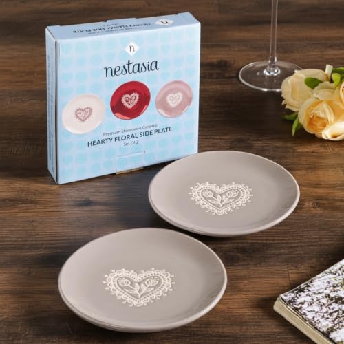 Image of Nestasia Ceramic Snack Plate Set of 2 (15cm Each) - Small Round Heart Embossed Serving Plate for Desserts, Starters & Salad | Microwave & Dishwasher Safe, 100% Food Safe & Chip-Resitant (Taupe Grey)