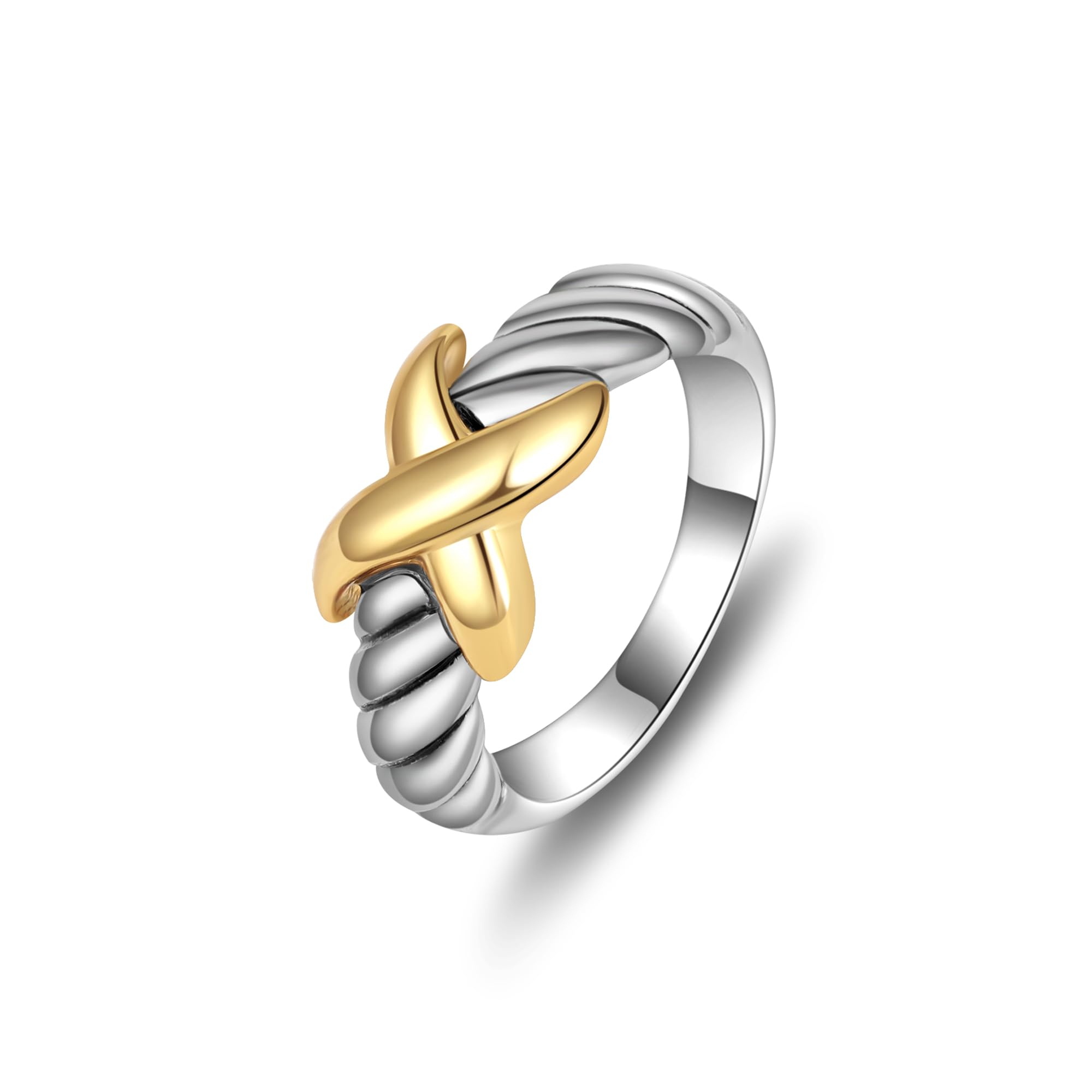 POWNOOLChunky Band Rings for Women 2 Tone Intertwined Crossover Statement Ring, Cable Wire Twine Twisted Wide Index Finger Gold and Silver Ring Fashion Costume Jewelry Gifts for Her